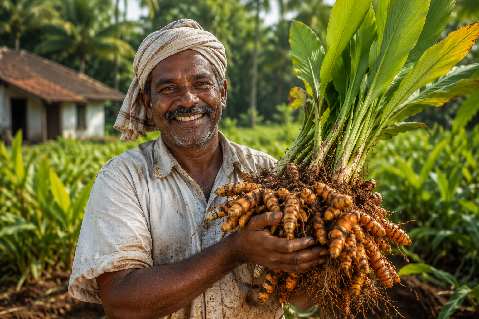 Local farmer holding a freshly harvested turmeric bunch